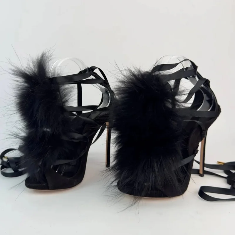 Fur Lace Up Peep Toe Hollow Ou - Street Fashion Runway ulasan dan harga