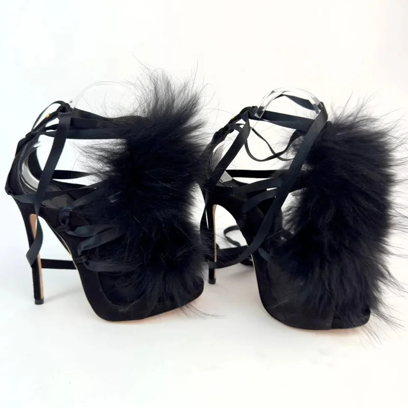 Fur Lace Up Peep Toe Hollow Ou - Street Fashion Runway ulasan dan harga